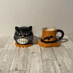 Potters Studio Halloween Black Cat Sugar Canister Jar & Creamer Set Vtg Style